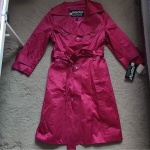 Sugarfly Magenta Belted Trench Coat 3/4 sleeve jacket button front collared